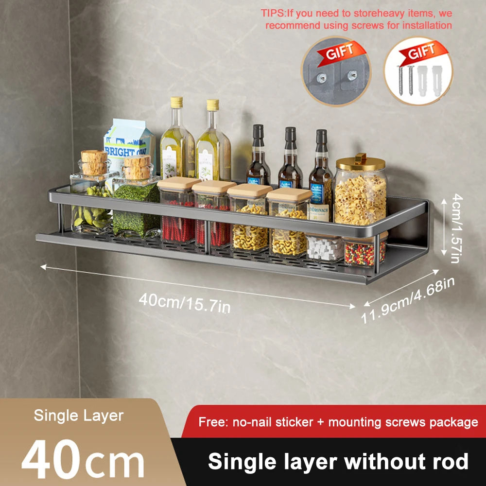 1/2Pcs No Punch Spice Rack Wall Mounted Kitchen Spice Organizer with Hook Rod Seasoning Rack Spice Shelf Bathroom Kitchen Shelf