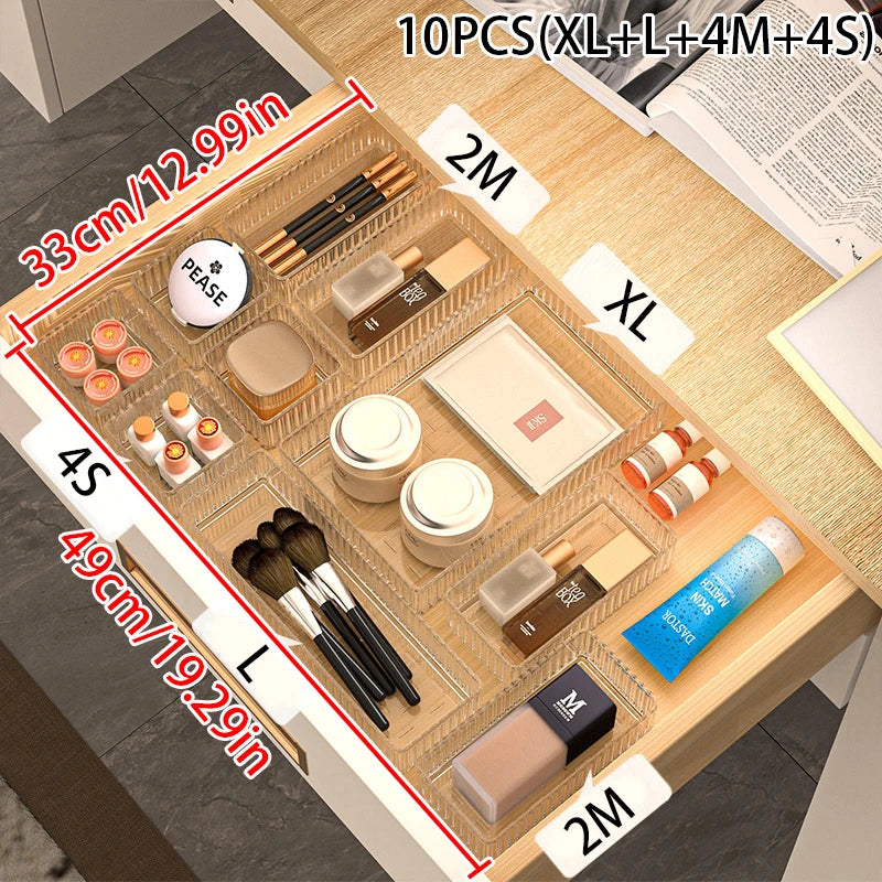 Transparent PET Multi-Compartment Drawer Organizer Cosmetic Makeup Storage Box Slide-Tracked Stackable for Desktop Kitchen Bathr