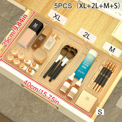 Transparent PET Multi-Compartment Drawer Organizer Cosmetic Makeup Storage Box Slide-Tracked Stackable for Desktop Kitchen Bathr