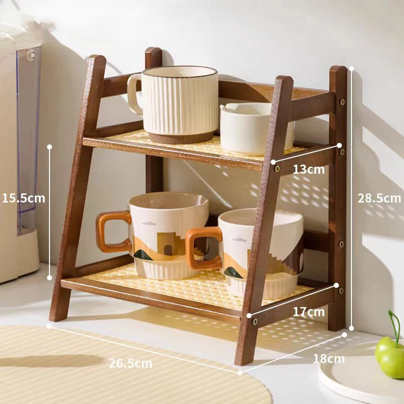 2 Layer Spice Caddy Shelf Bamboo Kitchen Storage Rack Desktop Cabinet Organizer Display Rack Coffee Bar Counter Shelf Cup Holder