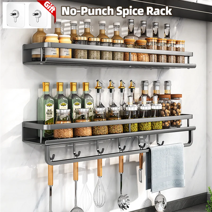 1/2Pcs No Punch Spice Rack Wall Mounted Kitchen Spice Organizer with Hook Rod Seasoning Rack Spice Shelf Bathroom Kitchen Shelf