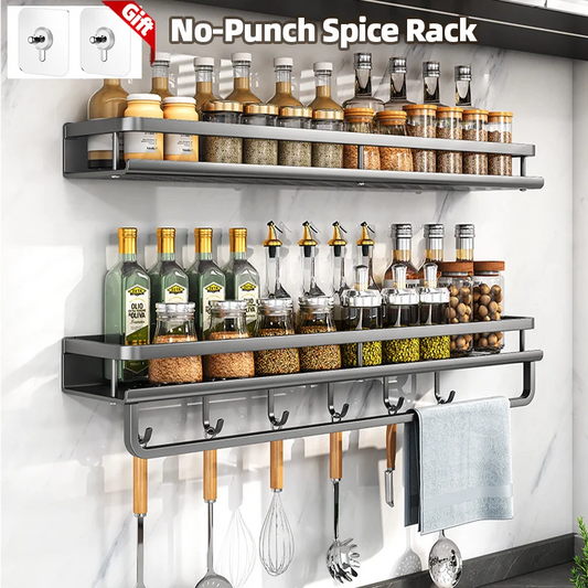 1/2Pcs No Punch Spice Rack Wall Mounted Kitchen Spice Organizer with Hook Rod Seasoning Rack Spice Shelf Bathroom Kitchen Shelf