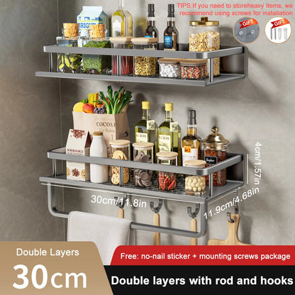 1/2Pcs No Punch Spice Rack Wall Mounted Kitchen Spice Organizer with Hook Rod Seasoning Rack Spice Shelf Bathroom Kitchen Shelf