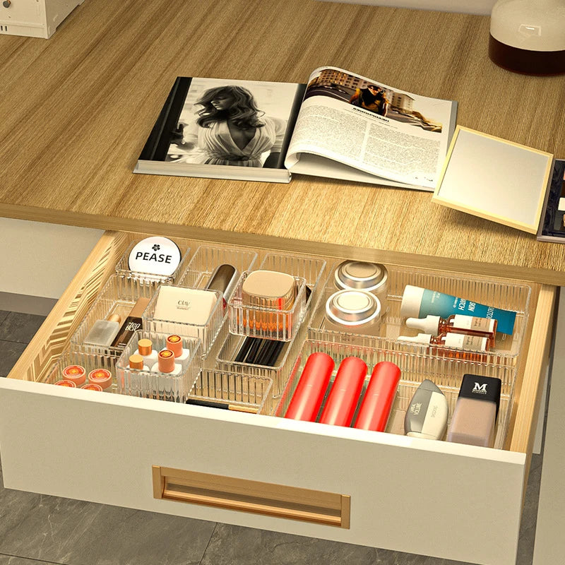 Transparent PET Multi-Compartment Drawer Organizer Cosmetic Makeup Storage Box Slide-Tracked Stackable for Desktop Kitchen Bathr