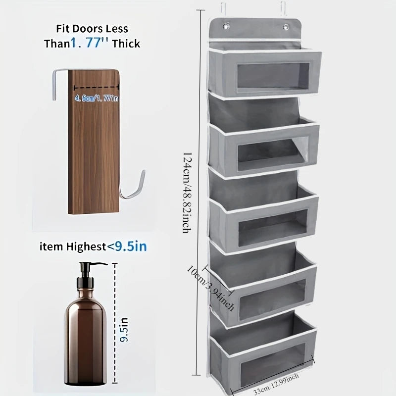 5-Shelf Hanging Storage Organizer - Behind Door, Anti-Tilt, 5 Large Capacity Pockets, Suitable for Bedroom, Bathroom