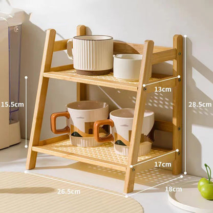 2 Layer Spice Caddy Shelf Bamboo Kitchen Storage Rack Desktop Cabinet Organizer Display Rack Coffee Bar Counter Shelf Cup Holder