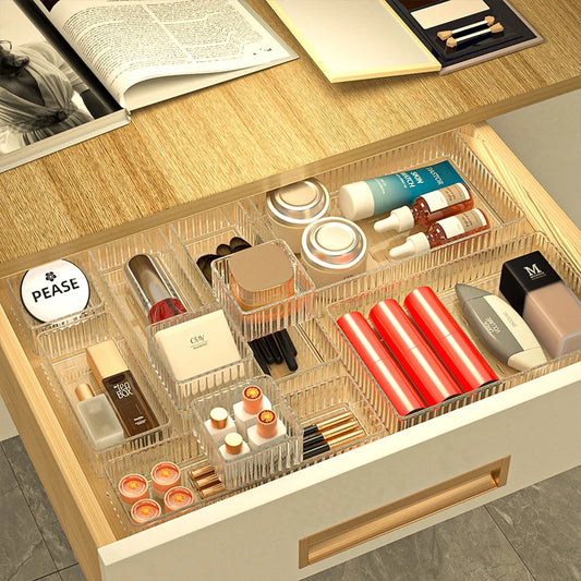 Transparent PET Multi-Compartment Drawer Organizer Cosmetic Makeup Storage Box Slide-Tracked Stackable for Desktop Kitchen Bathr