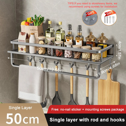 1/2Pcs No Punch Spice Rack Wall Mounted Kitchen Spice Organizer with Hook Rod Seasoning Rack Spice Shelf Bathroom Kitchen Shelf