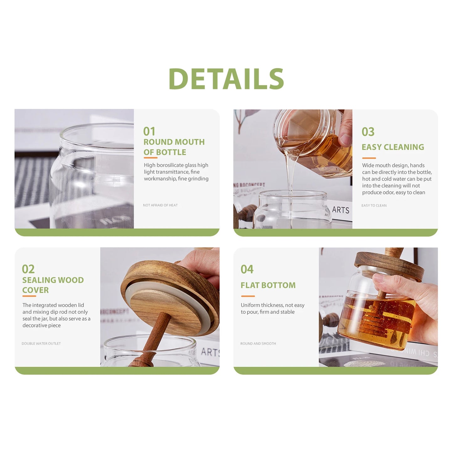 Glass Storage Bottles Honey Jars with Dipper and Lid Wide Mouth Honey Containers Syrup Dispenser for Storing Honey and Syrup