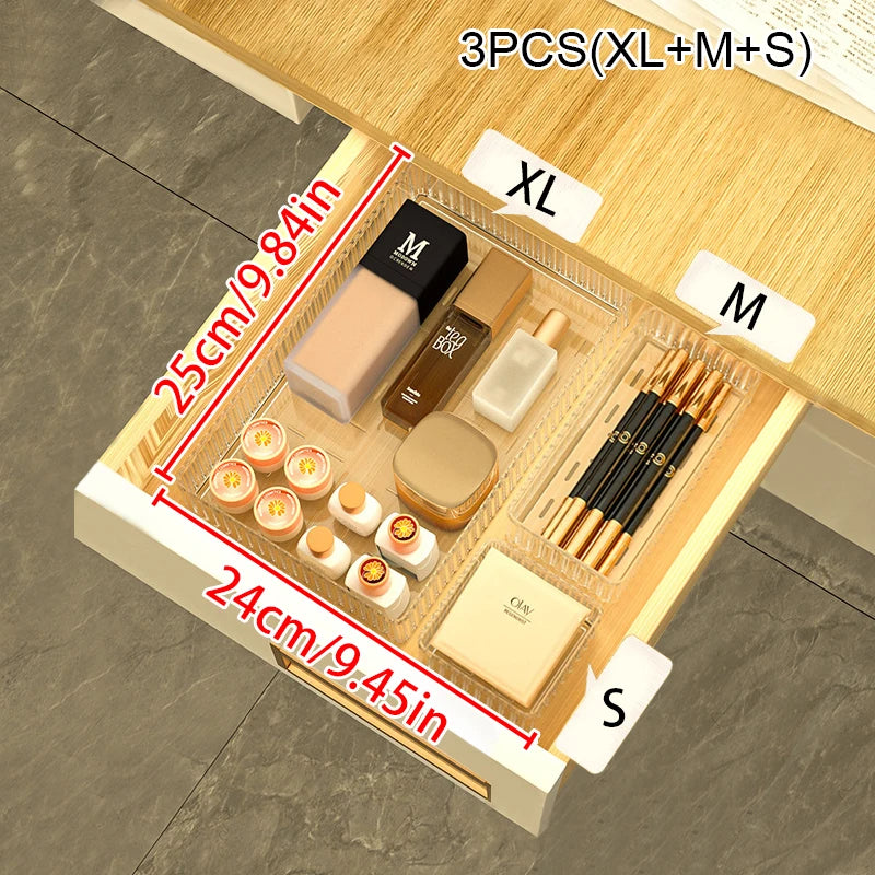 Transparent PET Multi-Compartment Drawer Organizer Cosmetic Makeup Storage Box Slide-Tracked Stackable for Desktop Kitchen Bathr
