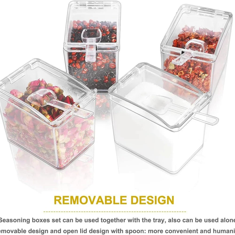 4 Pieces Kitchen Clear Seasoning Box Storage Container Condiment Jars Acrylic Seasoning Box with Cover and Spoon