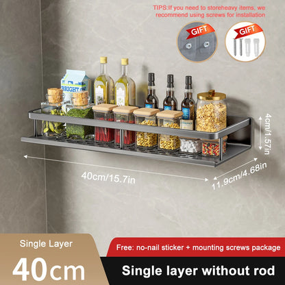 1/2Pcs No Punch Spice Rack Wall Mounted Kitchen Spice Organizer with Hook Rod Seasoning Rack Spice Shelf Bathroom Kitchen Shelf