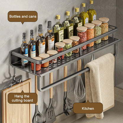 1/2Pcs No Punch Spice Rack Wall Mounted Kitchen Spice Organizer with Hook Rod Seasoning Rack Spice Shelf Bathroom Kitchen Shelf