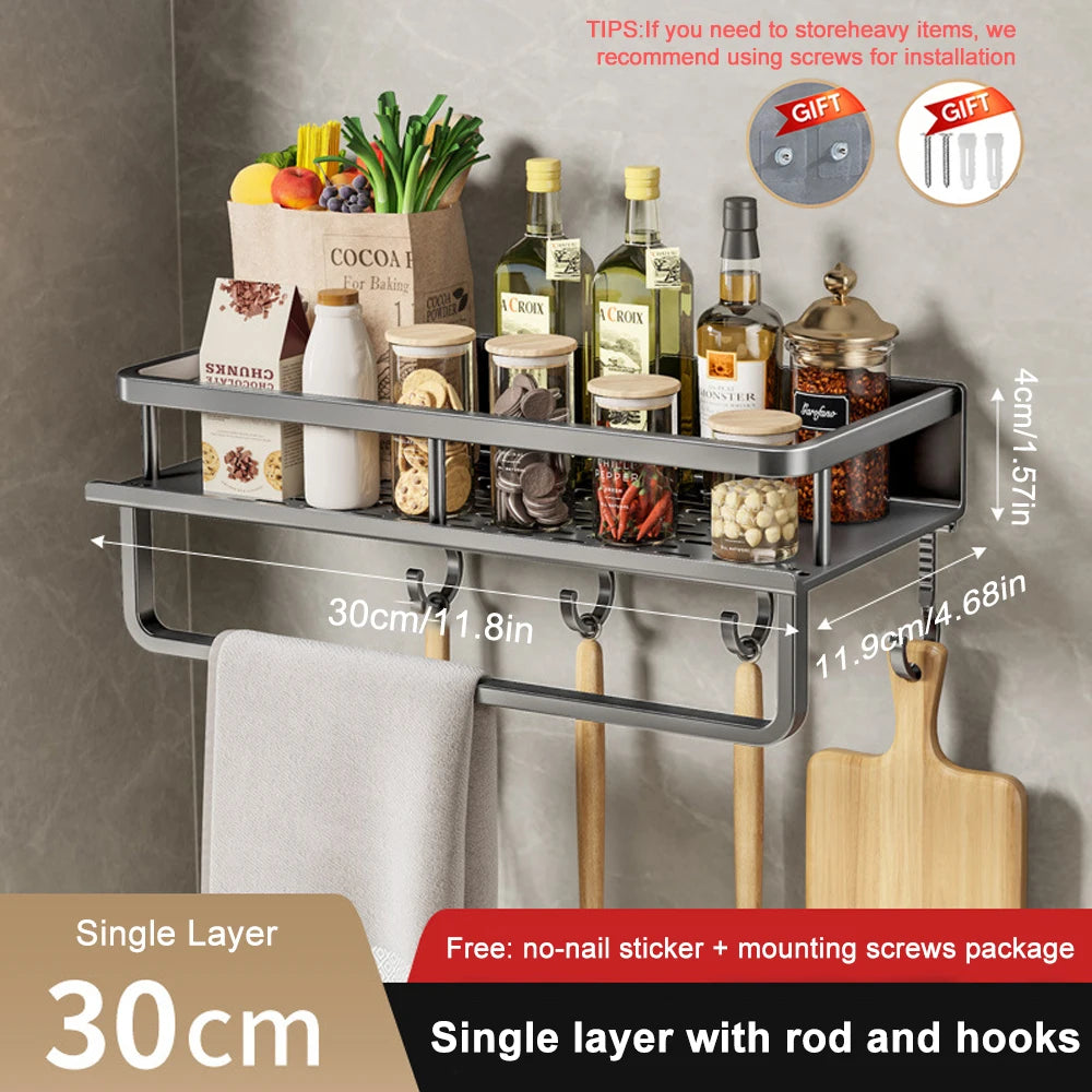1/2Pcs No Punch Spice Rack Wall Mounted Kitchen Spice Organizer with Hook Rod Seasoning Rack Spice Shelf Bathroom Kitchen Shelf