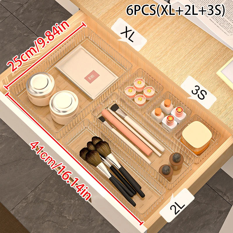Transparent PET Multi-Compartment Drawer Organizer Cosmetic Makeup Storage Box Slide-Tracked Stackable for Desktop Kitchen Bathr