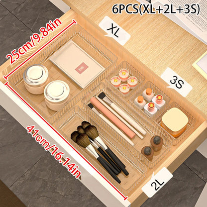 Transparent PET Multi-Compartment Drawer Organizer Cosmetic Makeup Storage Box Slide-Tracked Stackable for Desktop Kitchen Bathr
