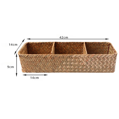 Hand Woven Storage Baskets With Lid Dust Clothing Storage-Box Rectangular Wardrobe Container Sundries Organizer 3 Grids