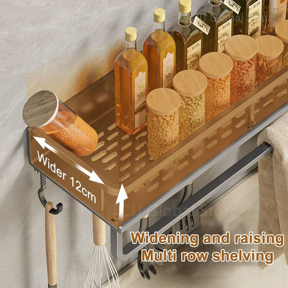 1/2Pcs No Punch Spice Rack Wall Mounted Kitchen Spice Organizer with Hook Rod Seasoning Rack Spice Shelf Bathroom Kitchen Shelf