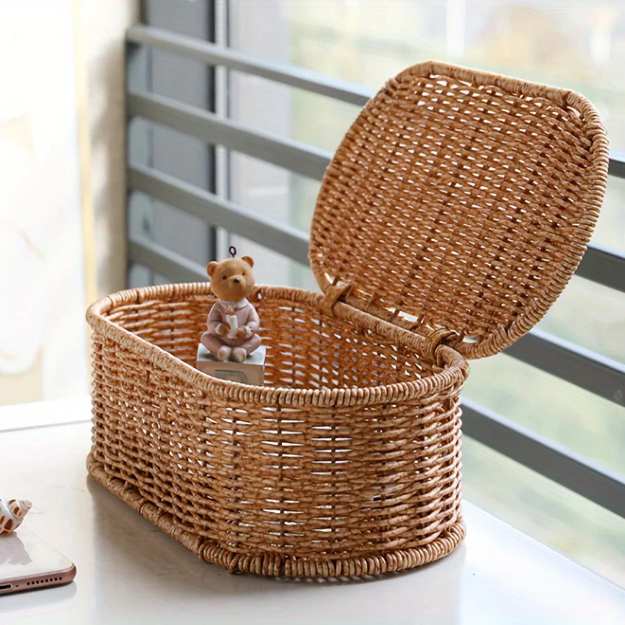 Bohemian Imitation Rattan Storage Basket - Woven Storage Box, Dust-proof Cutlery Frame, Home Decoration Basket Kitchen Organizer