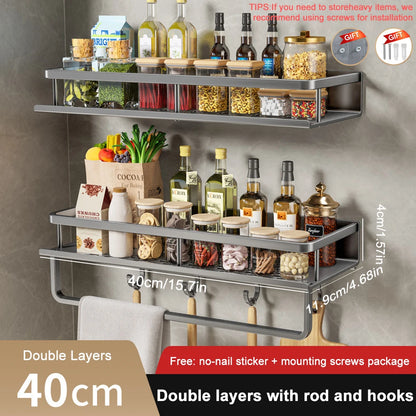 1/2Pcs No Punch Spice Rack Wall Mounted Kitchen Spice Organizer with Hook Rod Seasoning Rack Spice Shelf Bathroom Kitchen Shelf