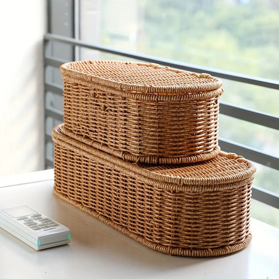 Bohemian Imitation Rattan Storage Basket - Woven Storage Box, Dust-proof Cutlery Frame, Home Decoration Basket Kitchen Organizer