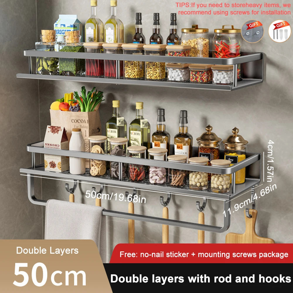 1/2Pcs No Punch Spice Rack Wall Mounted Kitchen Spice Organizer with Hook Rod Seasoning Rack Spice Shelf Bathroom Kitchen Shelf