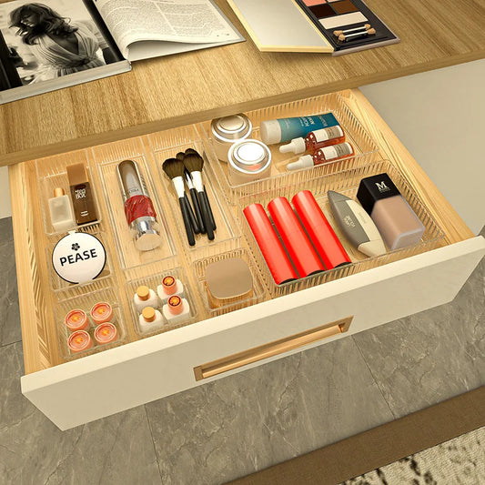 Transparent PET Multi-Compartment Drawer Organizer Cosmetic Makeup Storage Box Slide-Tracked Stackable for Desktop Kitchen Bathr