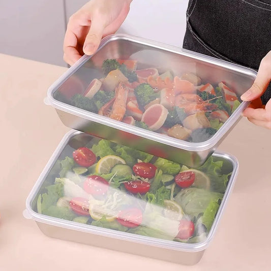 Thickened Square Plate Stainless Steel Rectangular Food Storage Pan With Lid Commercial Dish Tray Freshing Lunch Box Container