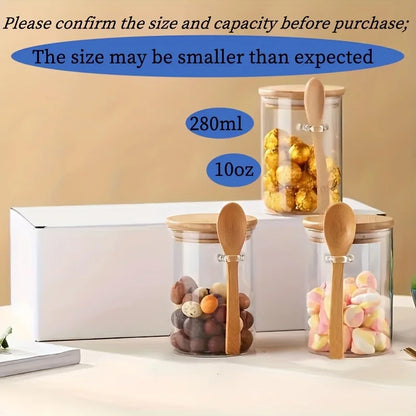 280ml Candy Jar, Biscuit Jar, Glass Storage Jar With Sealed Bamboo Lid And Spoon - 10oz Transparent Glass Bulk Food Storage Jar